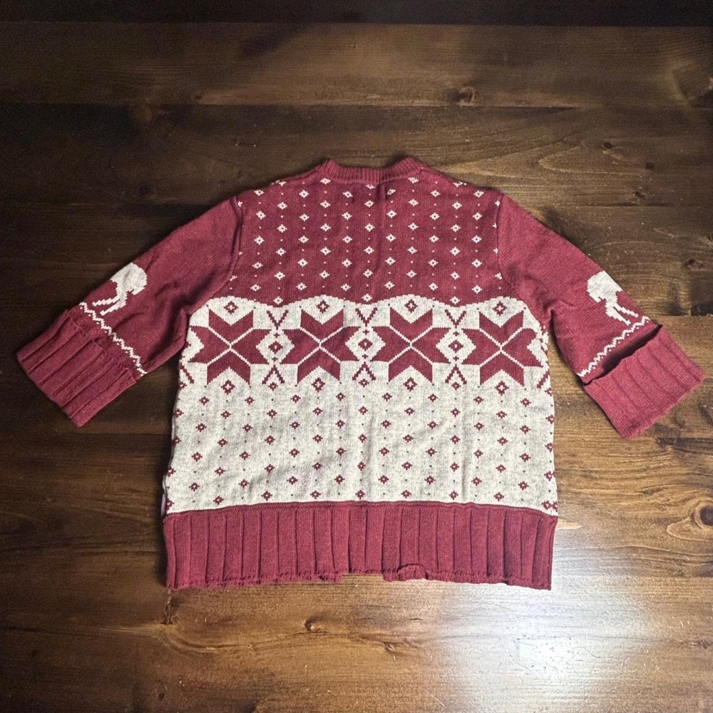 Woolrich Women Burgundy Tan Fair Isle Reindeer Zipper Sweater Large Merino Wool - Picture 3 of 6